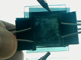 fingers holding small binder clips that are holding small liquid crystal cells