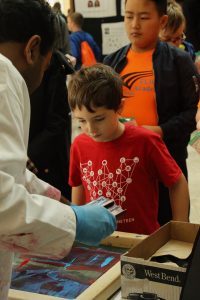 A child screen prints at the WI Science Festival