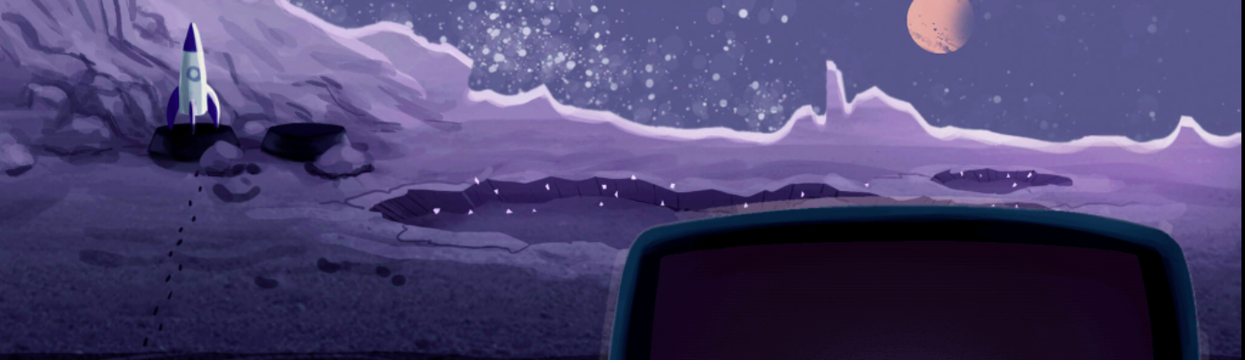 This is a screen shot from the game "Lost at the Forever Mine".  It shows a desolate landscape on another planet with a rocket in the distance to the left and another planet or moon on the right. There is the corner of a computer screen on lower right corner of the image. 