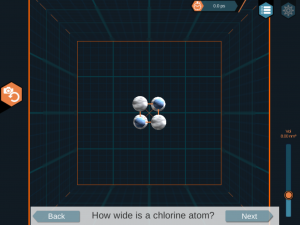 A screenshot from the game "AtomTouch" which shows a grid in a box with 4 spheres representing atoms on it. 