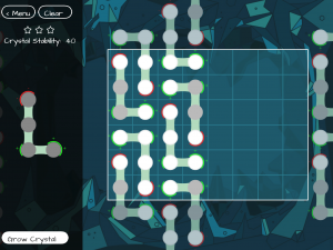 A screen shot from the game "Crystal Cave"  that shows a grid with atoms forming bonds on it. 