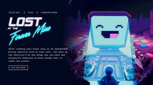 This is a screenshot of the first screen of the "Lost at the Forever Mine" game that shows a smiling computer with a user sitting in front of it. 